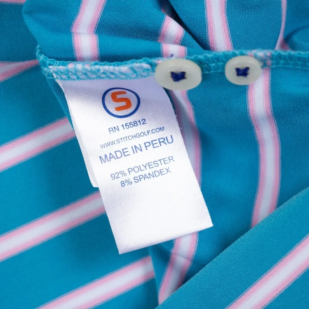 Stitch Mens M Blue Pink White Stripe Short Sleeve Golf Polo Shirt - Picture 9 of 12